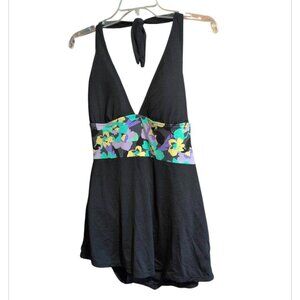 Anne Cole Dress Swimsuit in Black with Floral Waistline Tie Top Has Open Back
